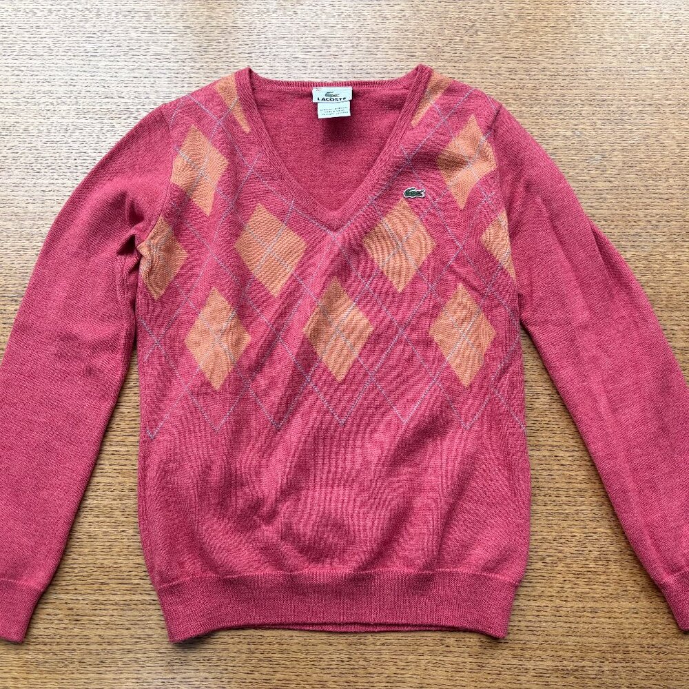 LACOSTE Pink and Orange Pattern V-Neck Sweater - Picture 2 of 5